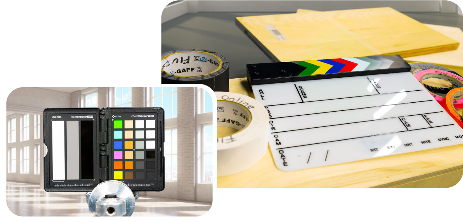 Collage with one image of camera equipment and another of an FIU Online clapperboard with rolls of tape on the side.